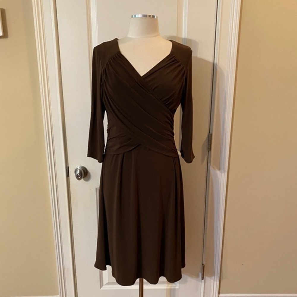 Brown Ruched Faux Wrap Long Sleeve Midi Dress Petite Large